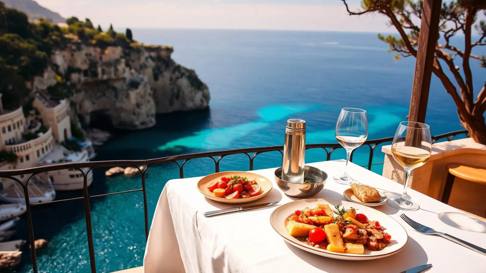 Restaurantterrasse auf einer Klippe über dem Mittelmeer auf Mallorca mit eingedeckten Tischen
