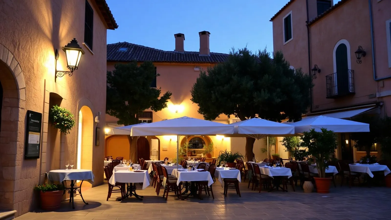 Abendlich beleuchtete Restaurantterrasse auf dem Dorfplatz von Santanyí aus honigfarbenem Sandstein