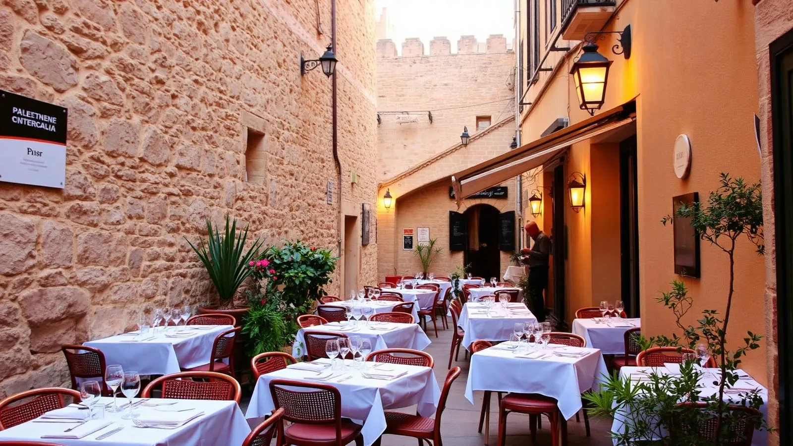 Restauranttische in einer Gasse der Altstadt von Alcúdia an der historischen Stadtmauer im Abendlicht