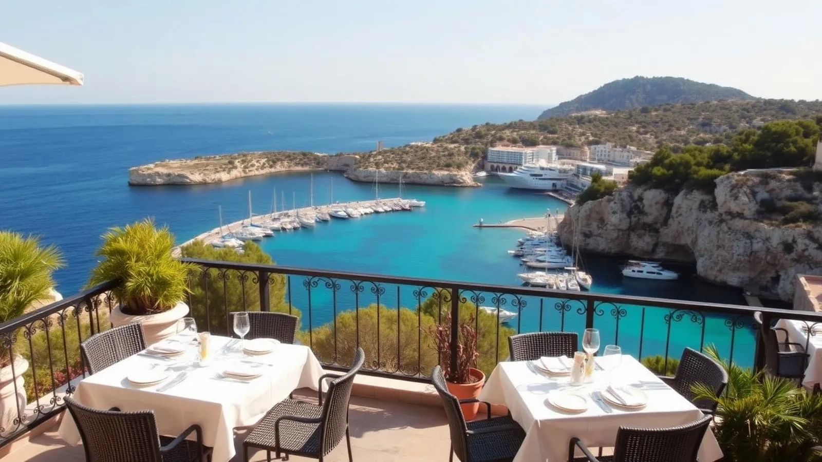 Sonnenterrasse eines Restaurants in Cala d'Or mit Blick auf die türkisfarbene Marina