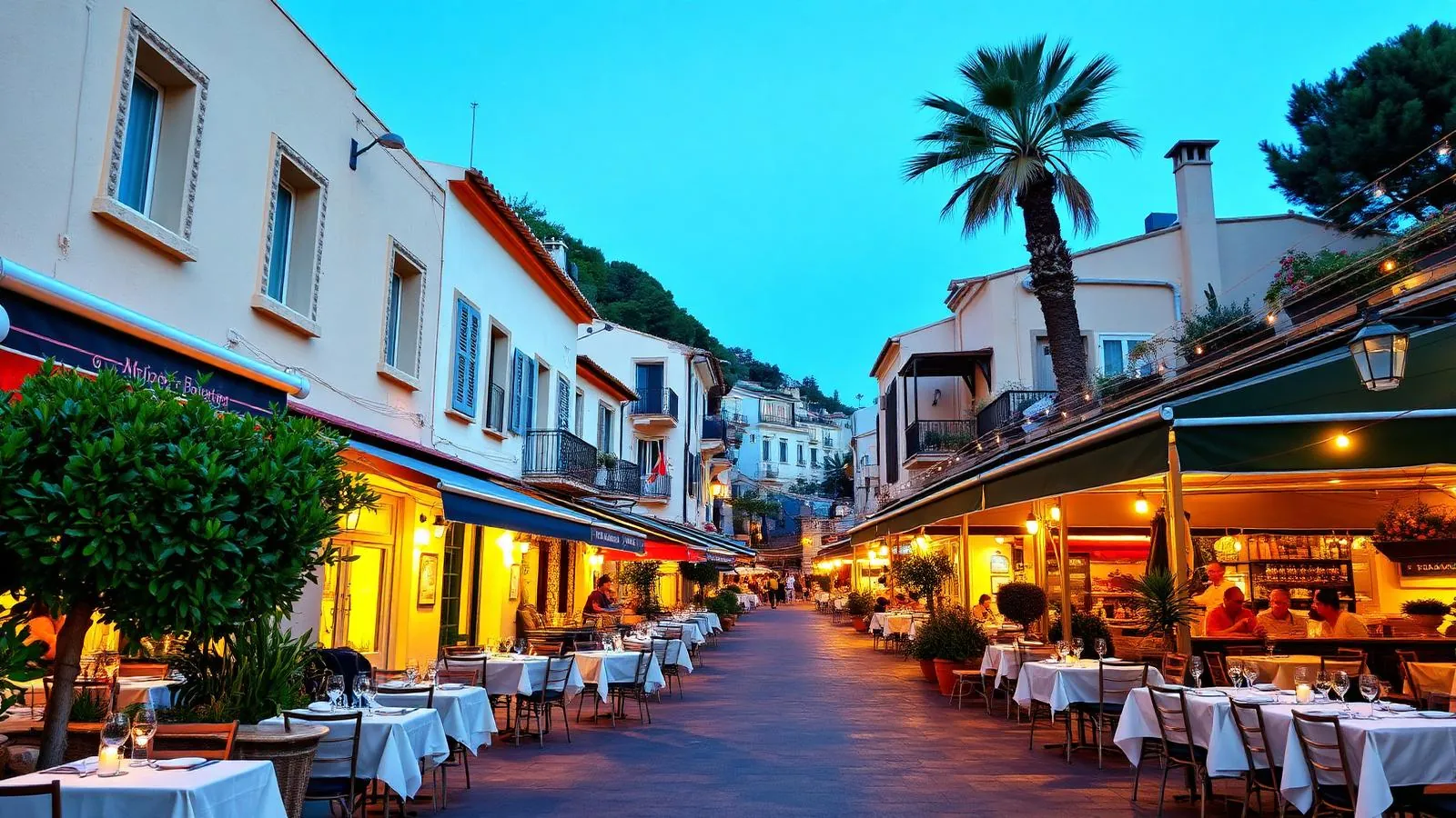 Belebte Restaurantstraße in Cala Ratjada am Abend mit beleuchteten Terrassen