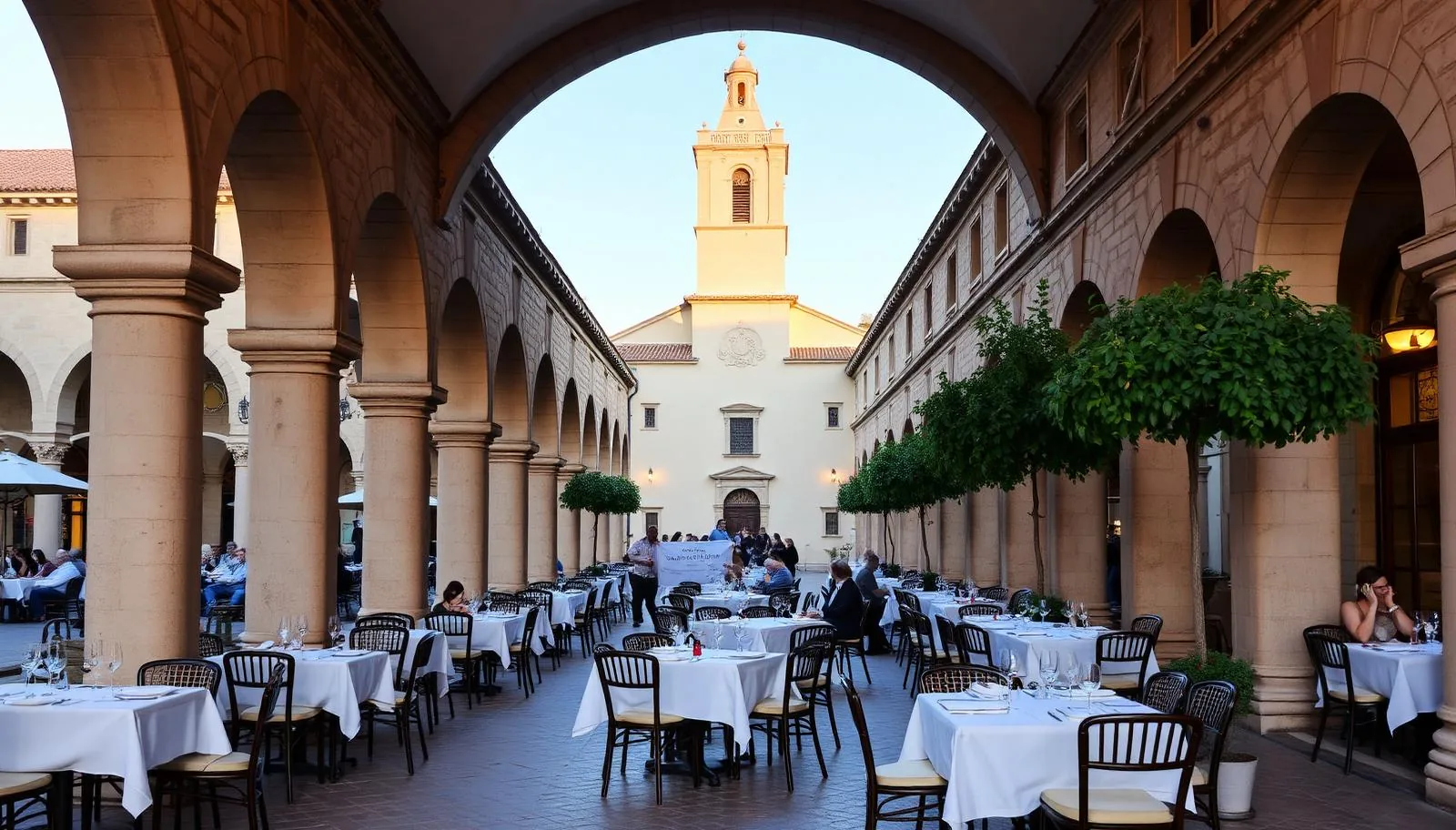 Gedeckte Restauranttische unter den Arkaden der Plaça Major in Pollença mit Blick auf den Kirchturm