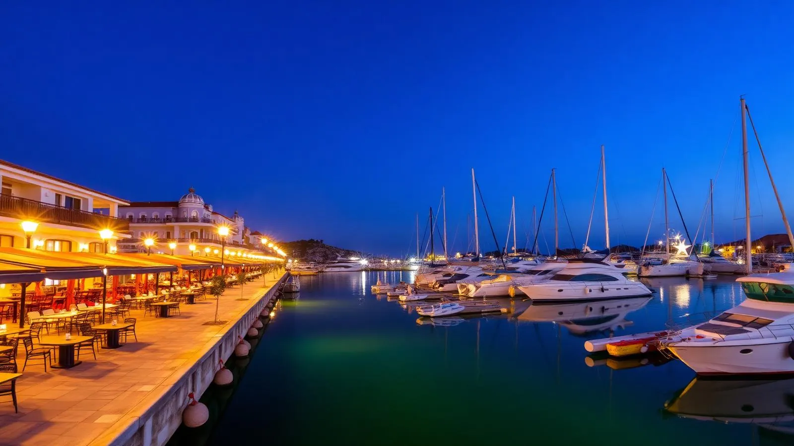 Beleuchtete Hafenpromenade von Port d'Alcúdia am Abend mit Restaurantterrassen und Yachten