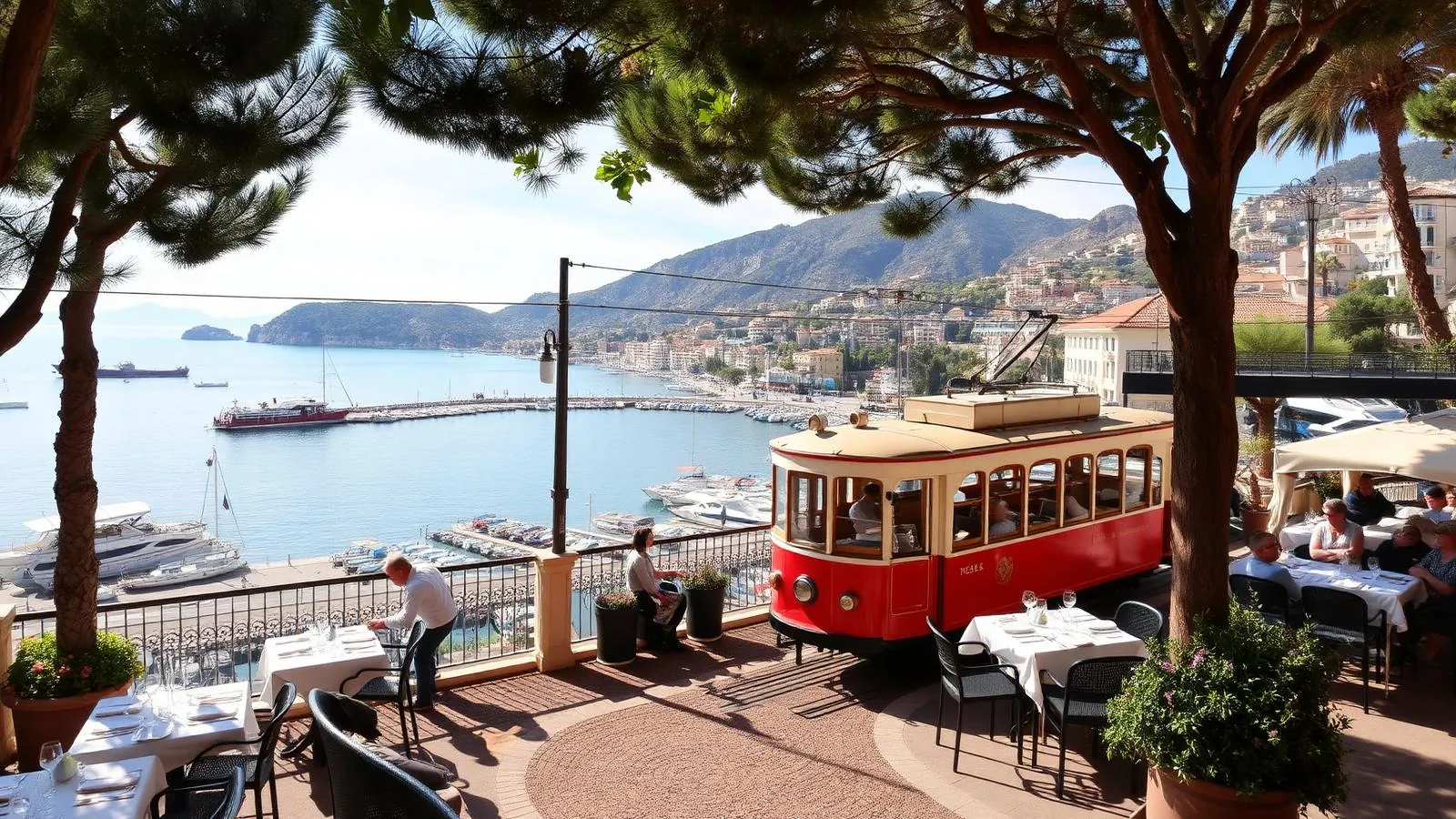 Restaurantterrassen an der runden Bucht von Port de Sóller mit historischer Straßenbahn