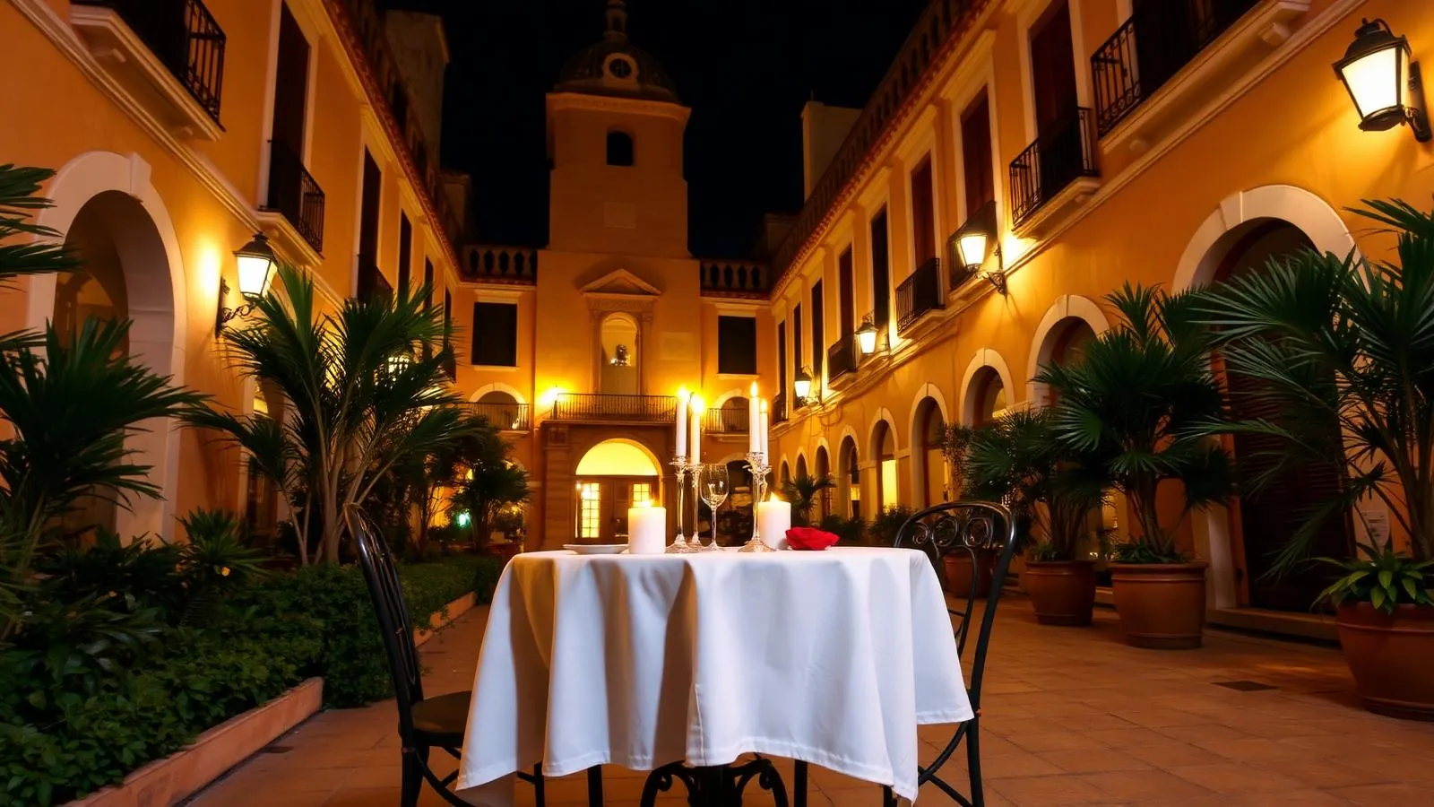 Romantisch gedeckter Tisch für zwei mit Kerzen in einem begrünten Innenhof in Palmas Altstadt
