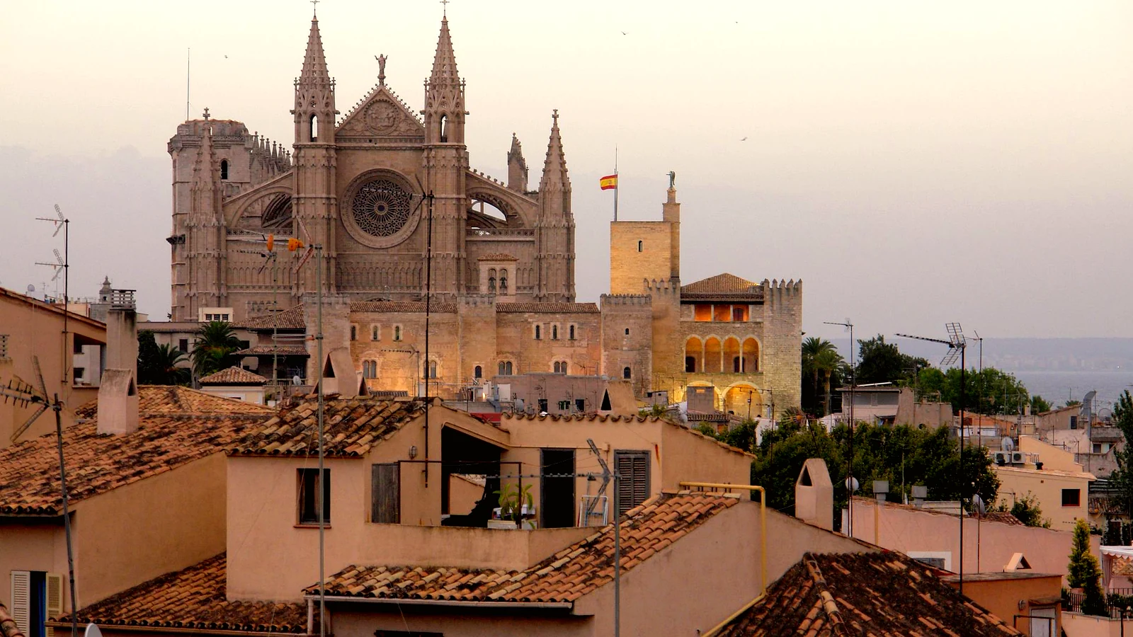 Blick über die Dächer der Altstadt von Palma auf die Kathedrale La Seu und den Palau de l'Almudaina in der Abenddämmerung