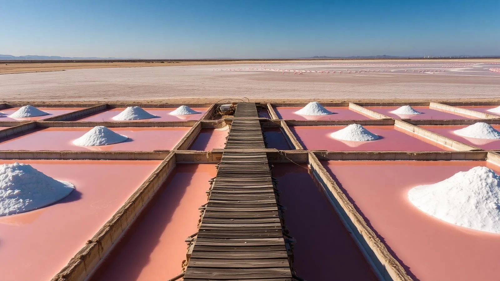 Salzbecken der Salinen bei Ses Salines im Süden Mallorcas mit Salzhaufen.