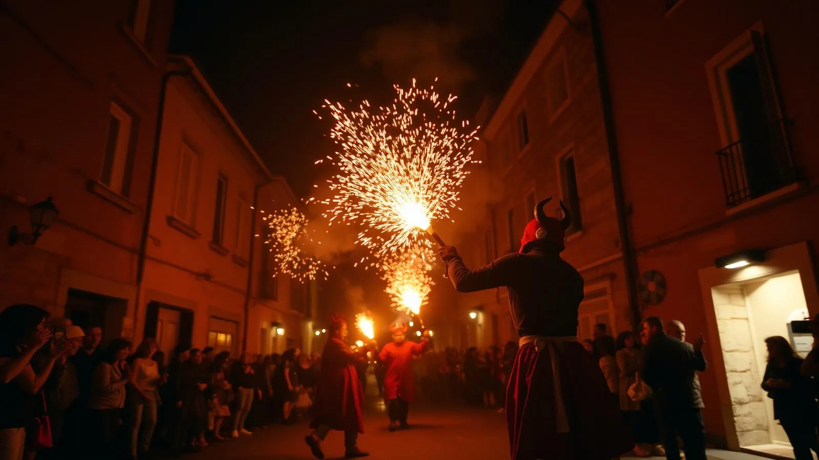 Correfoc beim Sant-Antoni-Fest auf Mallorca: als Teufel verkleidete Gruppen tanzen mit Feuerwerk durch die Gasse