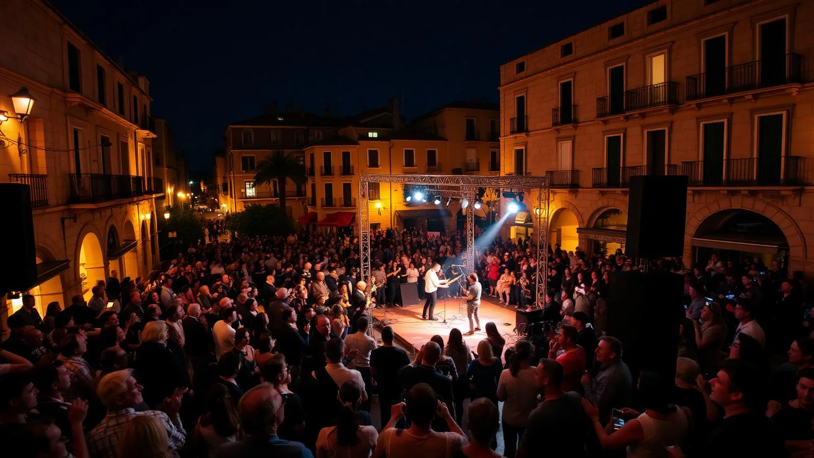 Konzertbühne beim Stadtfest Sant Sebastià in der Altstadt von Palma de Mallorca mit Publikum am Abend