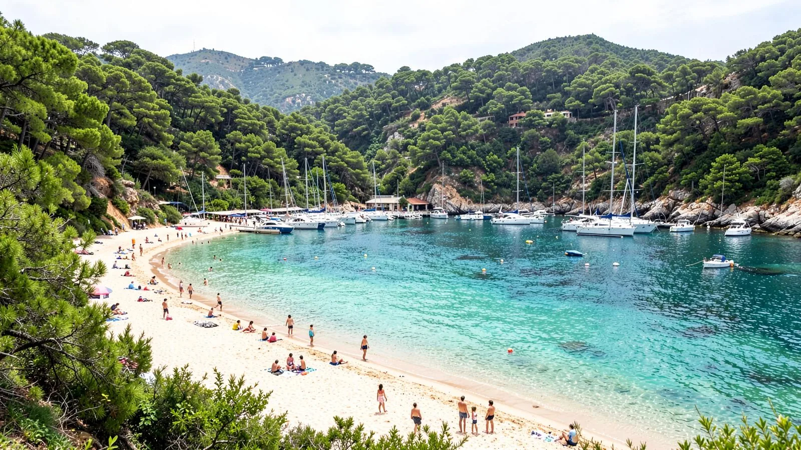 Geschützte Bucht von Santa Ponça im Südwesten Mallorcas mit hellem Sandstrand, Pinienhängen und Segelbooten vor der Marina
