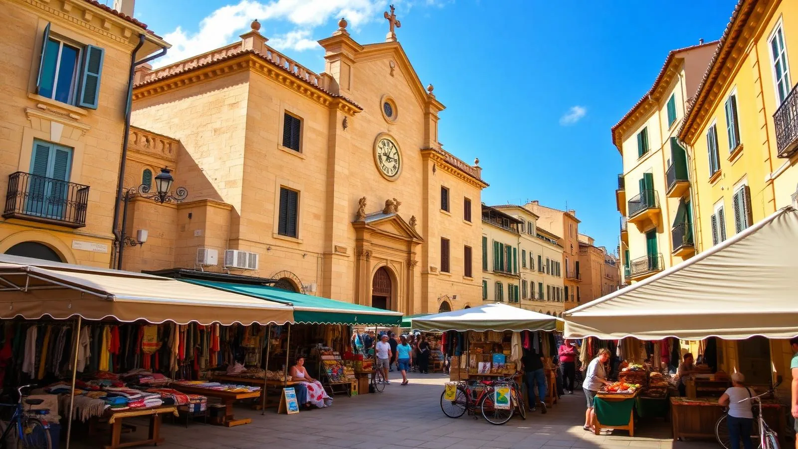 Marktstände auf dem Platz von Santanyí auf Mallorca vor goldgelben Sandsteinfassaden und der Kirche