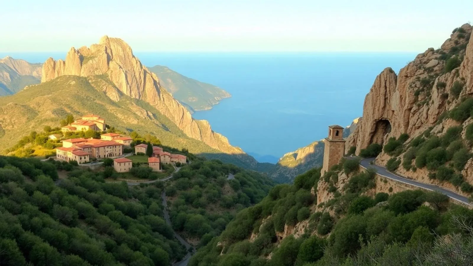 Bergdorf aus Naturstein an einem Steilhang der Serra de Tramuntana auf Mallorca über dem Meer