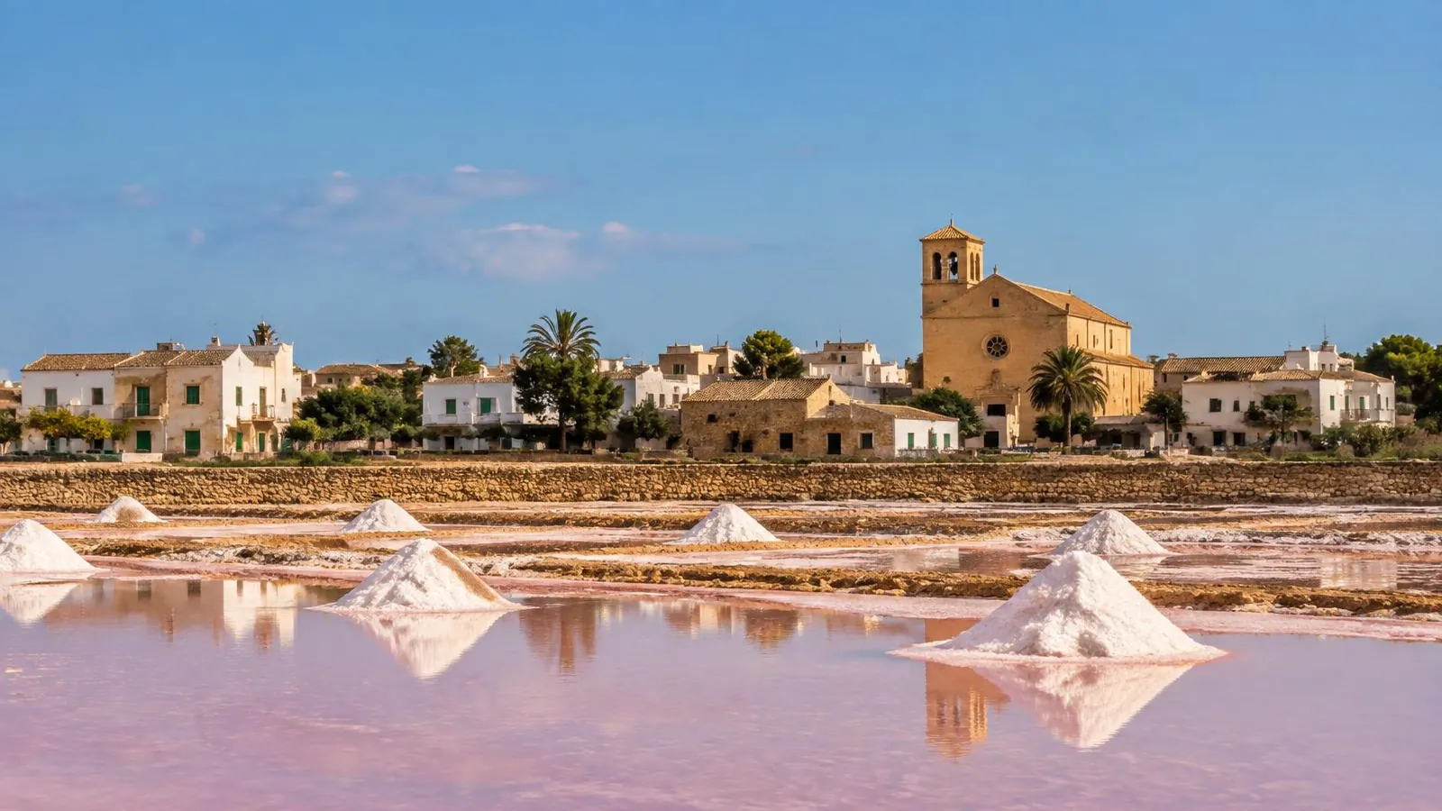 Weiße Dorfhäuser und Sandsteinkirche von Ses Salines auf Mallorca hinter den flachen Salinenbecken mit Salzhaufen