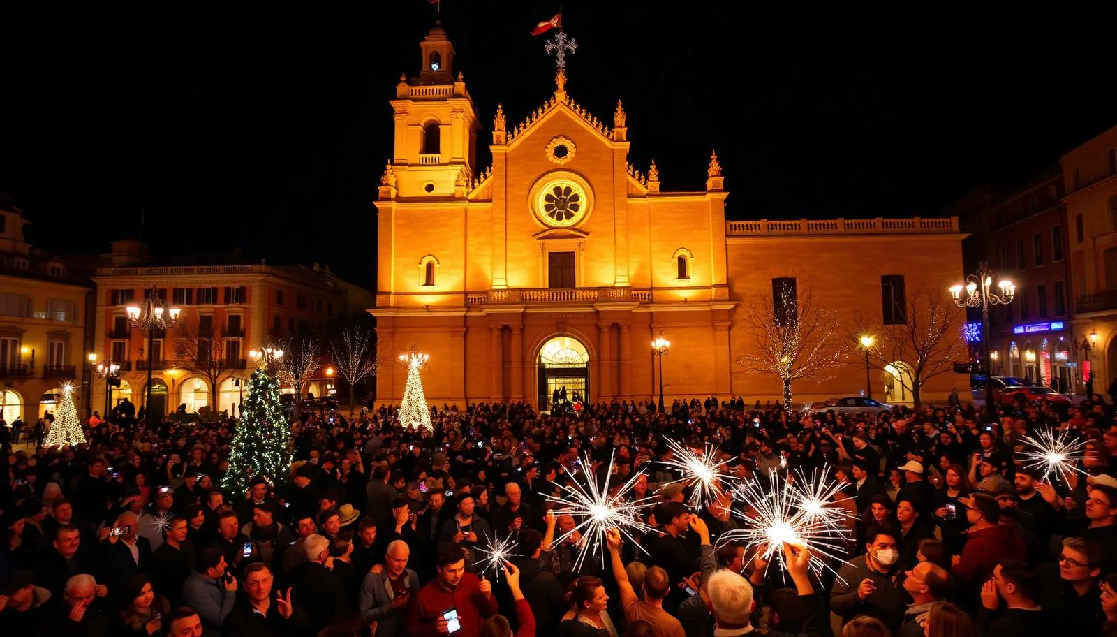 Menschenmenge feiert Silvester nachts auf einem beleuchteten Platz in der Altstadt von Palma de Mallorca