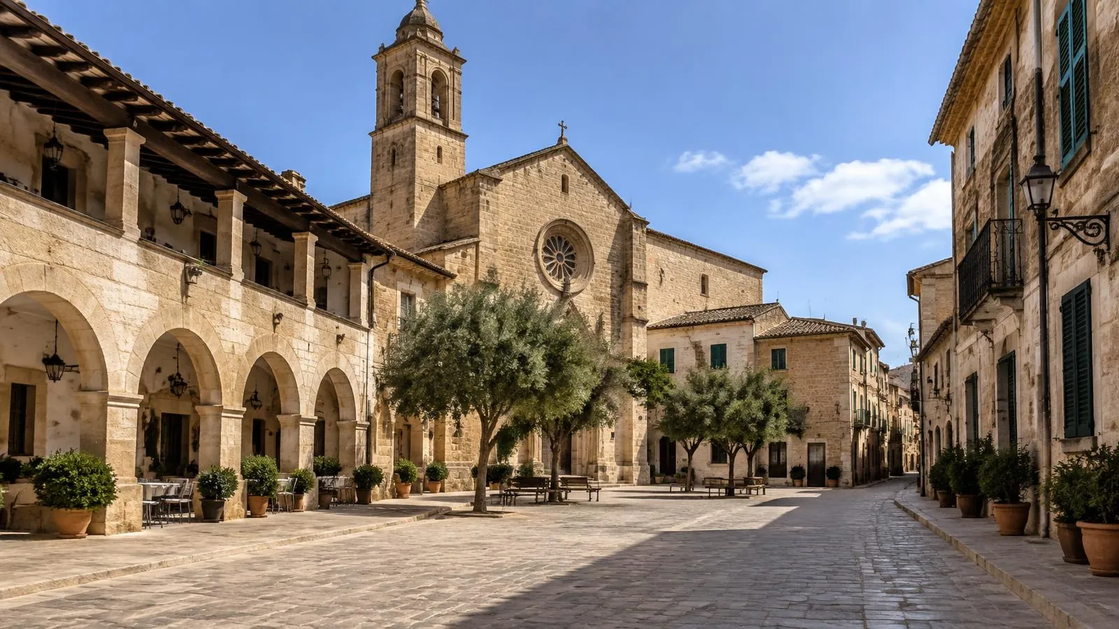Historischer Ortskern von Sineu im Inselinneren Mallorcas mit Sandsteinkirche, Arkadengang und gepflastertem Platz
