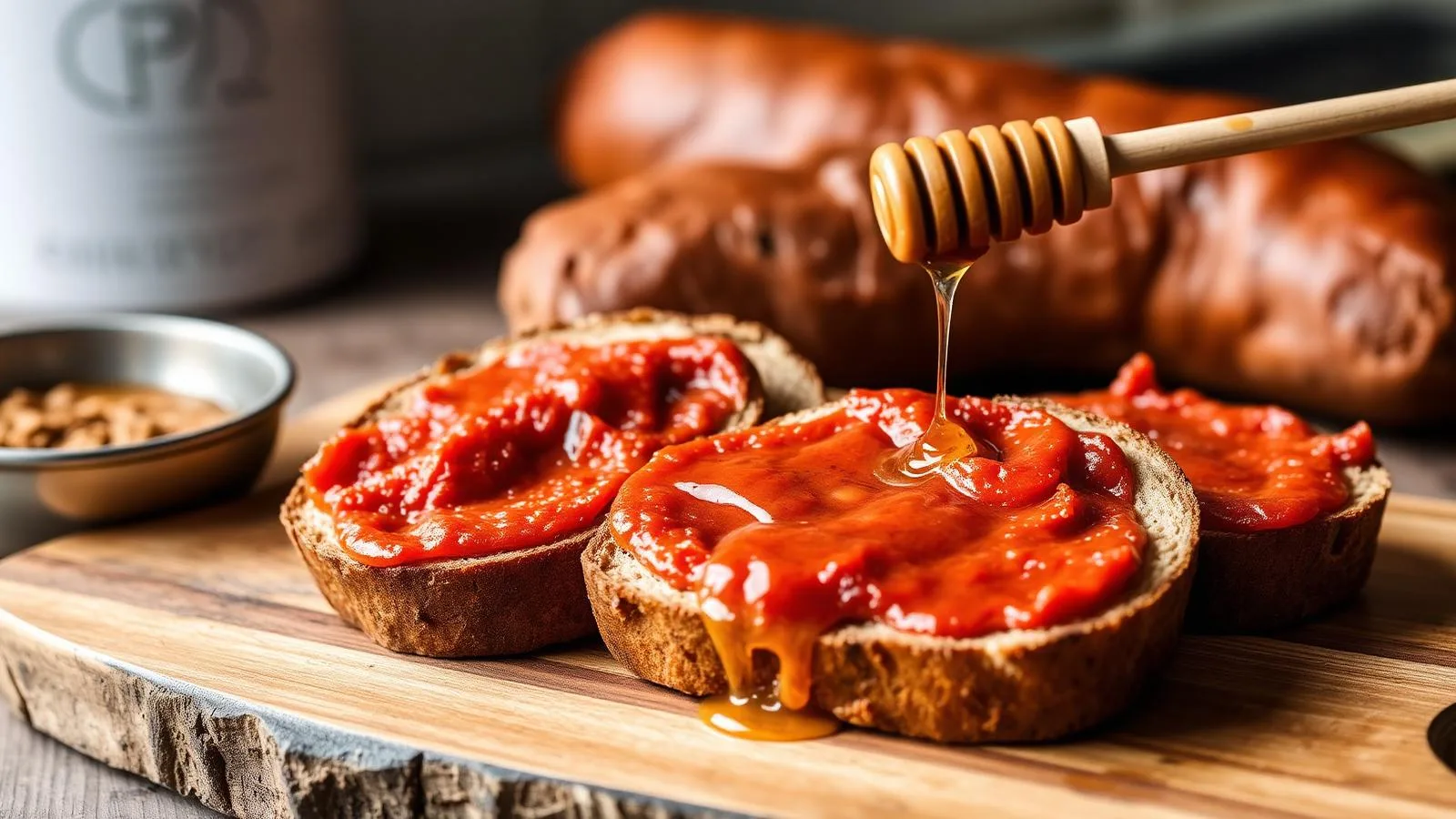 Sobrassada de Mallorca auf Landbrot mit Honig, daneben ganze Würste.