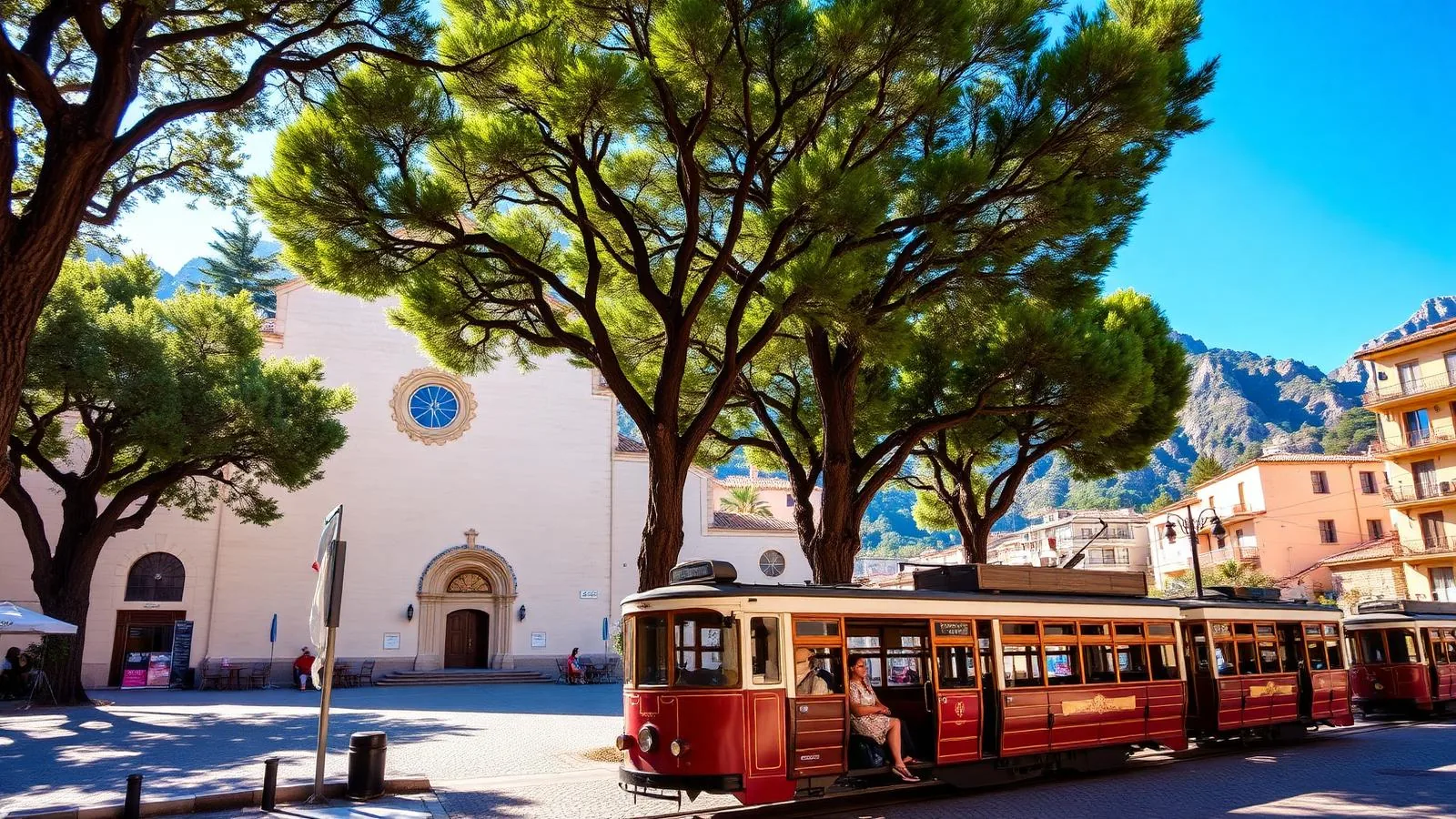 Hauptplatz von Sóller auf Mallorca mit historischer Straßenbahn, Platanen und der Kirche Sant Bartomeu