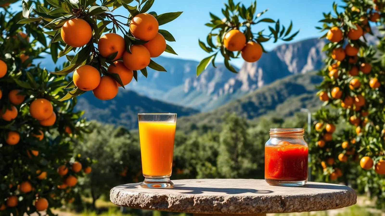 Orangenhain im Tal von Sóller mit reifen Früchten vor der Tramuntana.