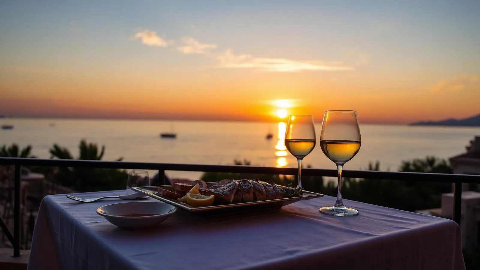 Gedeckter Tisch mit gegrilltem Fisch und Wein bei Sonnenuntergang mit Meerblick auf Mallorca