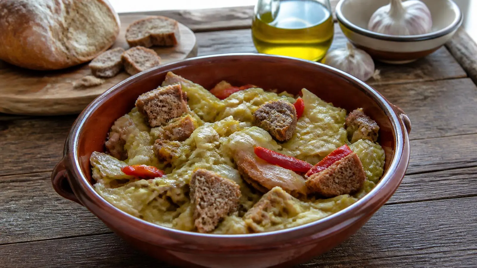 Tontopf mit Sopes mallorquines: geschmortes Gemüse über dünnen Brotscheiben aus der Celler-Küche.