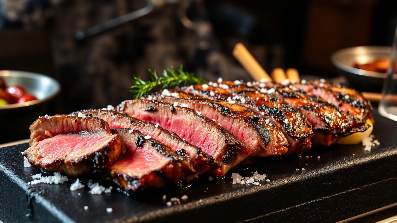 Aufgeschnittenes Chuletón-Steak auf heißem Stein mit grobem Meersalz in einem Grillrestaurant