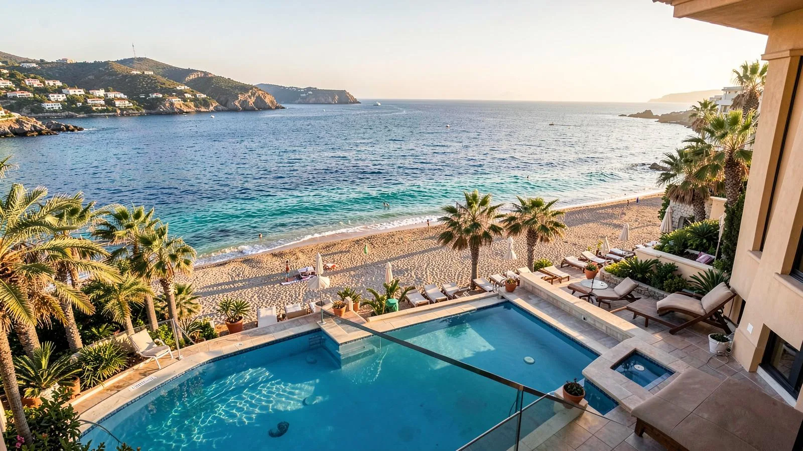 Strandhotel auf Mallorca mit Poolterrasse direkt oberhalb einer Sandbucht mit Palmen und türkisem Wasser