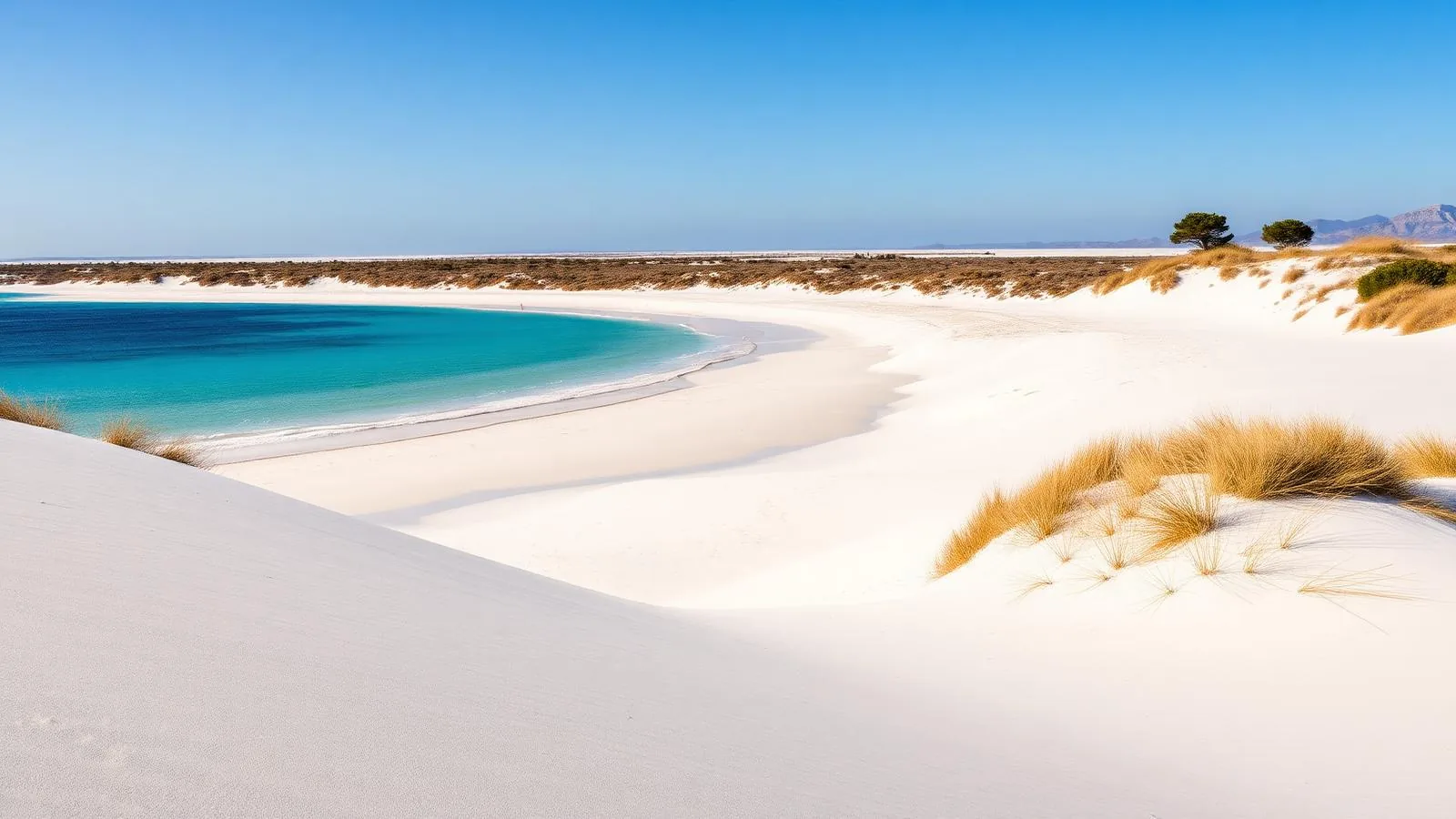 Weißer Dünenstrand Es Trenc im Süden Mallorcas mit türkisem Wasser und unverbauter Küstenlinie