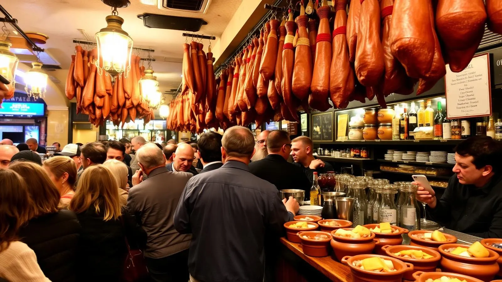 Tresen einer Tapasbar in der Altstadt von Palma mit Jamón, Cazuelas und Weingläsern