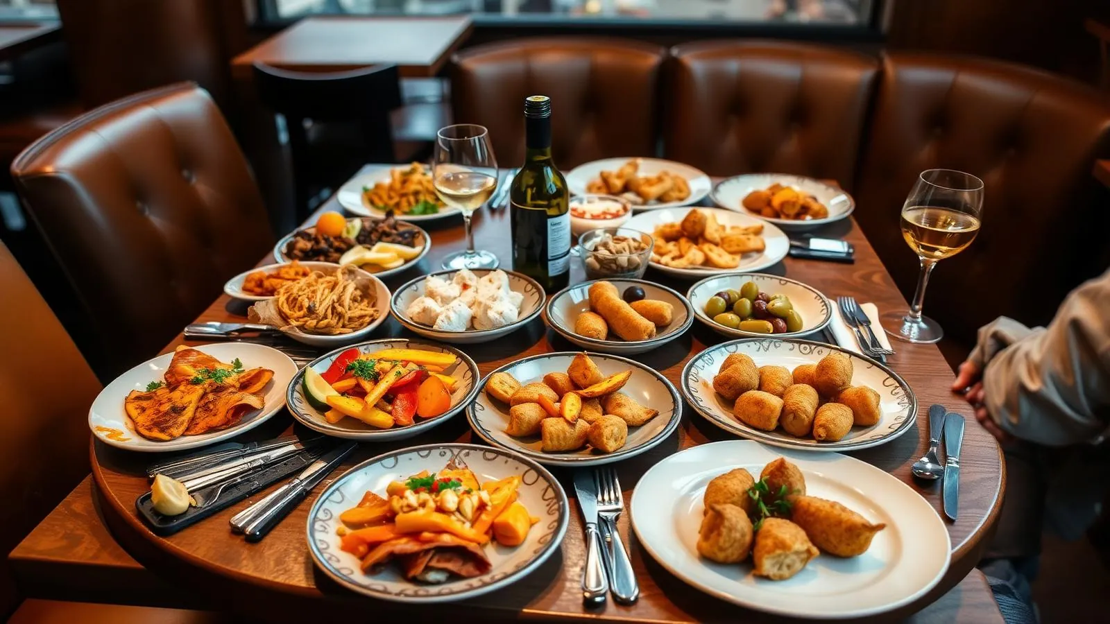 Tisch mit vielen kleinen Tapastellern, Oliven, Croquetas und Wein in einem Lokal auf Mallorca