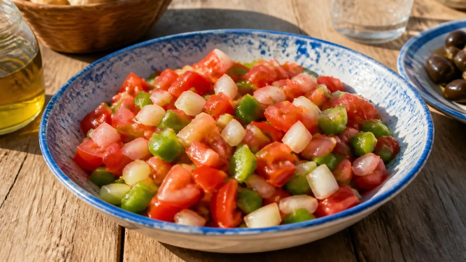Trempó, der mallorquinische Sommersalat aus Tomate, grünem Paprika und Zwiebel mit Olivenöl.