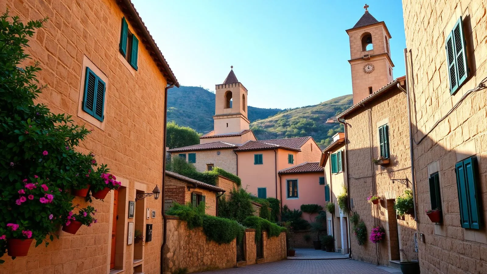 Gasse in Valldemossa auf Mallorca mit Sandsteinhäusern, grünen Fensterläden und dem Turm der Kartause