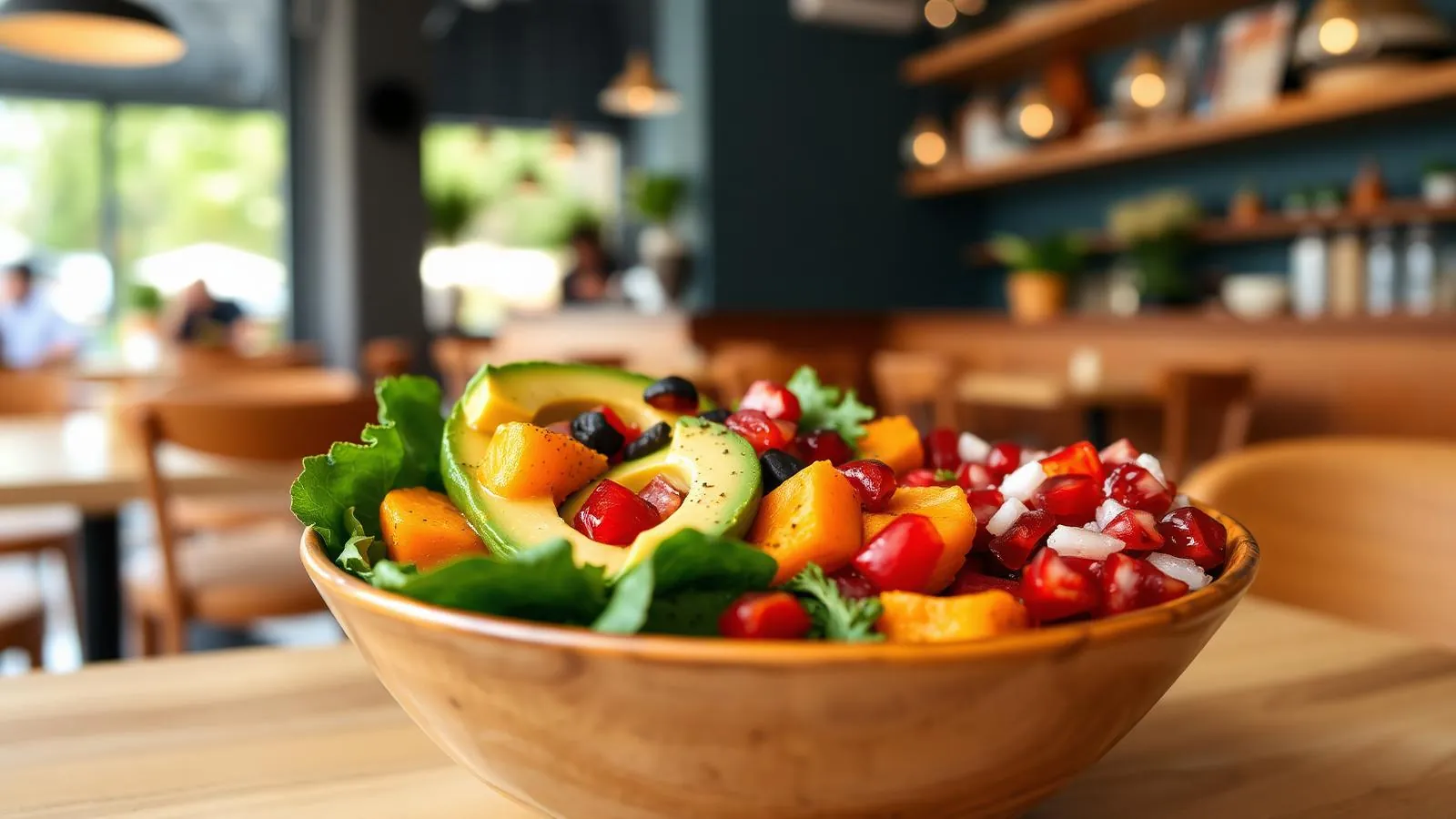 Bunte vegane Bowl mit Avocado, Süßkartoffel und Granatapfel in einem Bistro in Palma