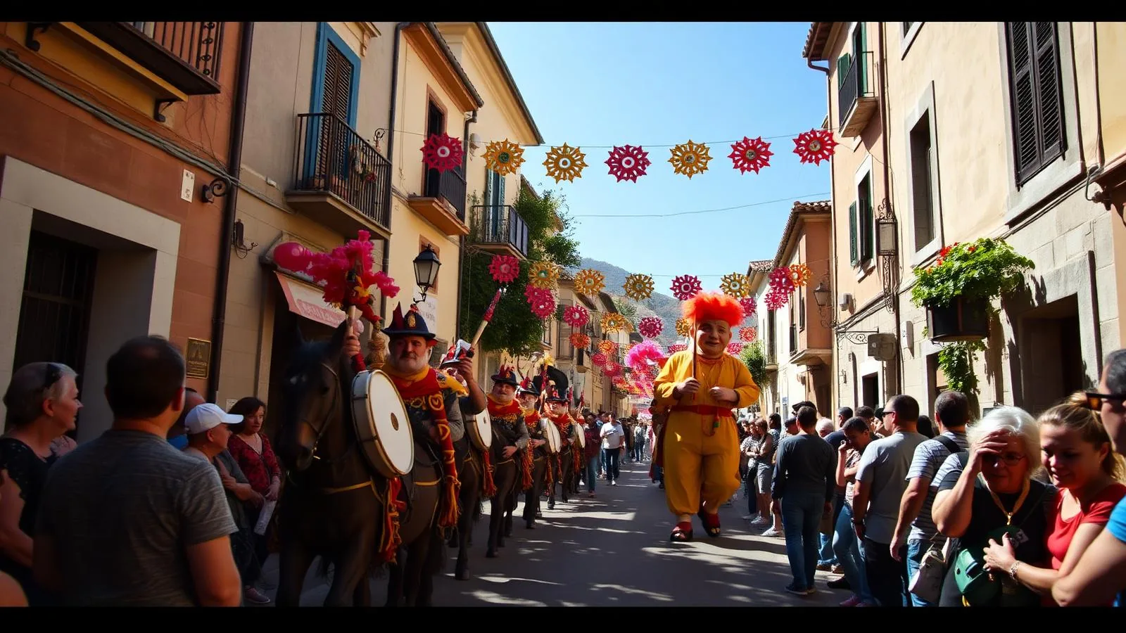 Festumzug in einem Ort auf Mallorca mit Trommlern, Kostümen und geschmückter Straße