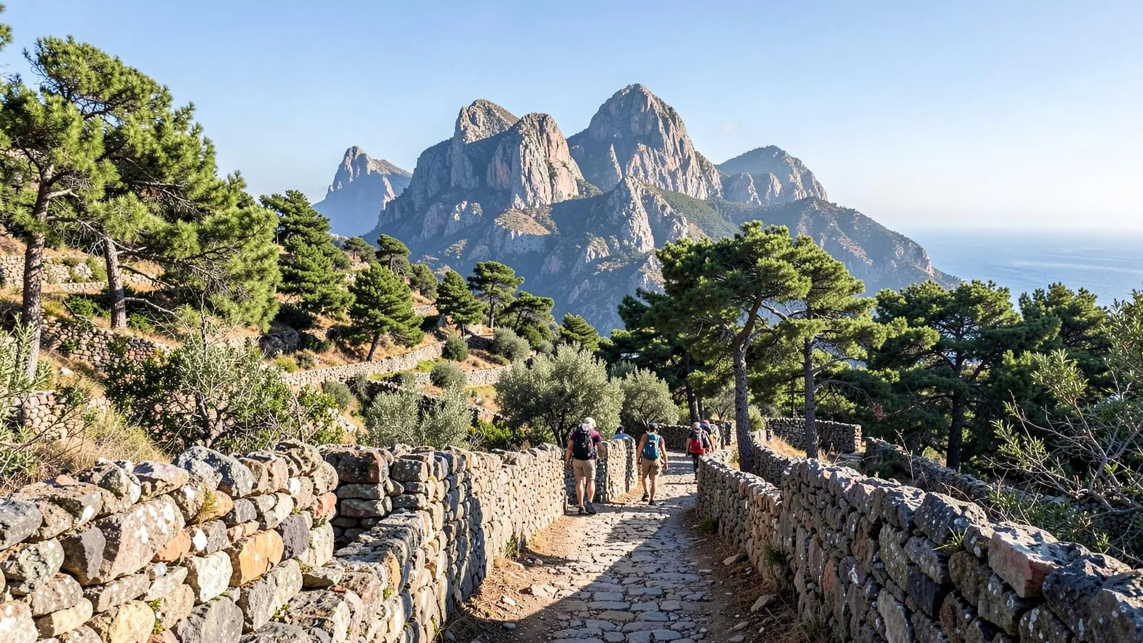 Wandernde auf einem gepflasterten Trockensteinweg in der Serra de Tramuntana auf Mallorca mit Oliventerrassen und Felsgipfeln