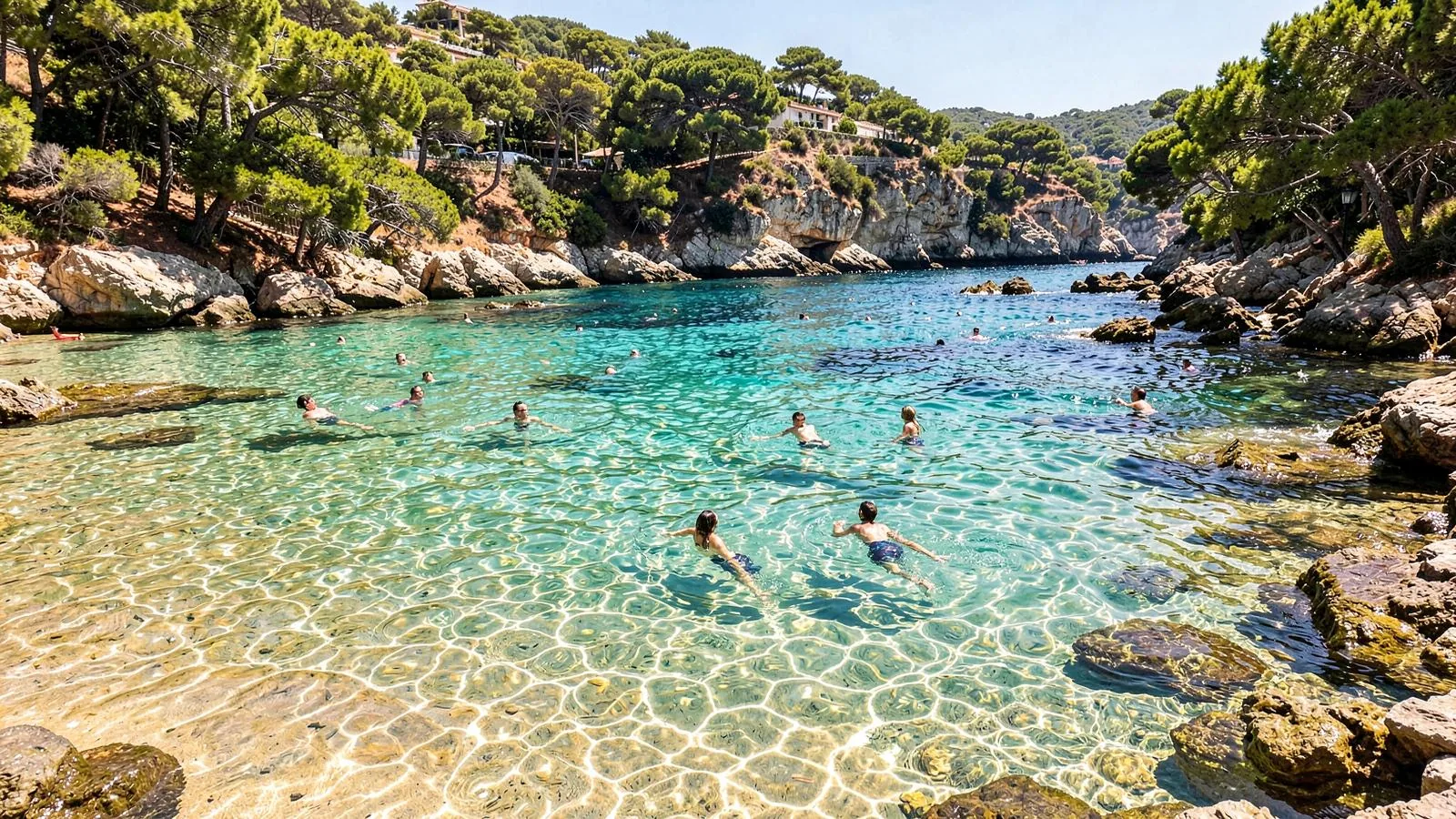 Badende in einer Bucht auf Mallorca mit klarem, türkisfarbenem Wasser über hellem Sandgrund und Pinien am Ufer