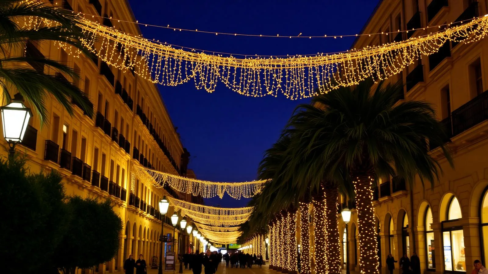 Weihnachtsbeleuchtung über einer palmengesäumten Prachtstraße in der Altstadt von Palma de Mallorca am Abend