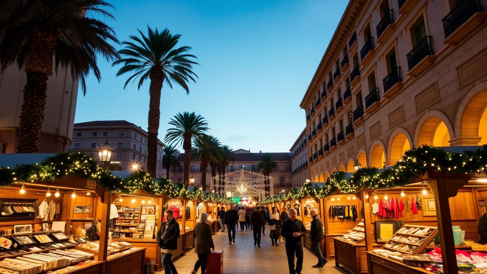 Weihnachtsmarkt in Palma de Mallorca mit beleuchteten Ständen und Lichterketten über der Straße