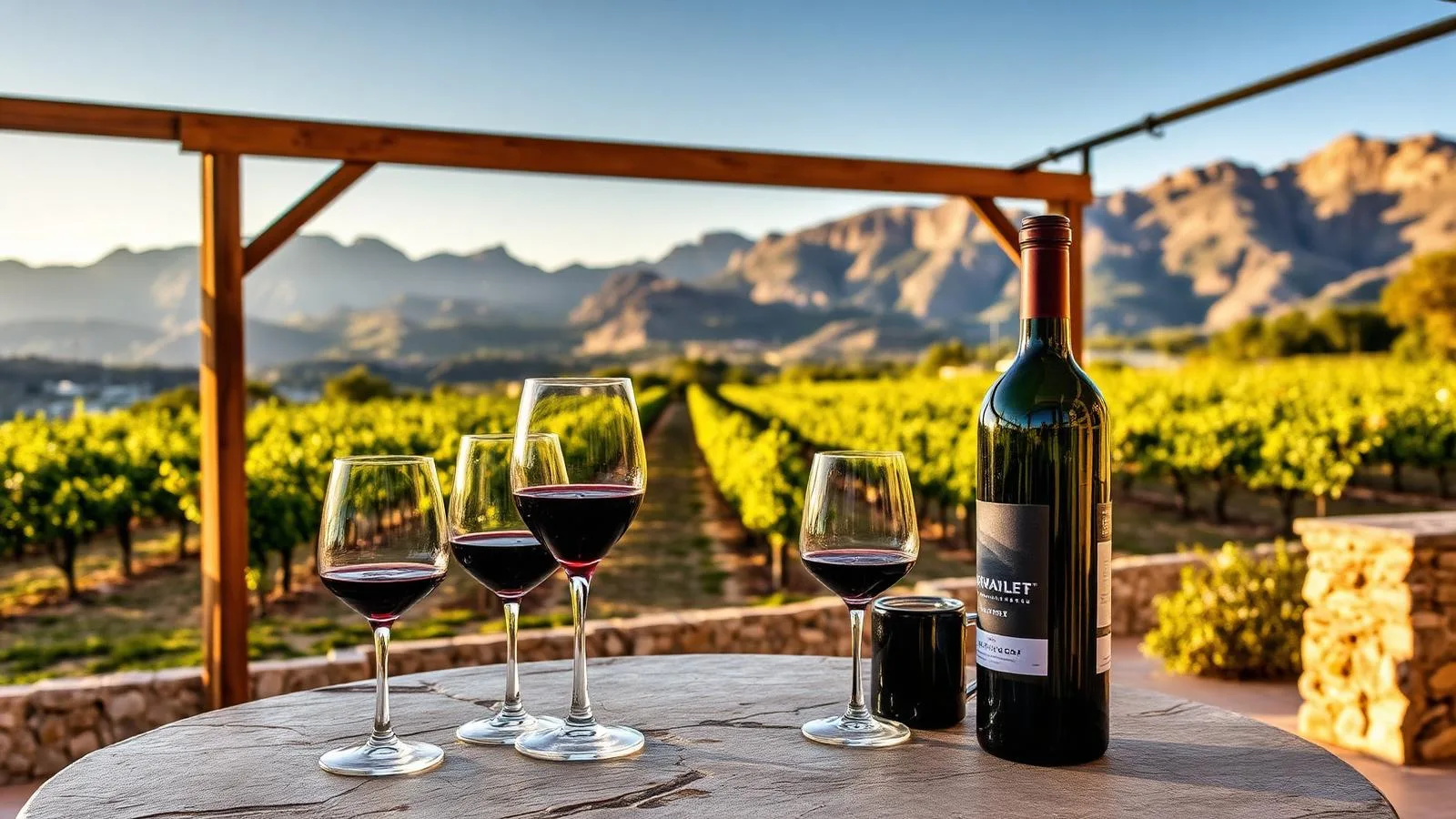 Weinprobe auf der Terrasse eines mallorquinischen Weinguts mit Blick in die Reben.