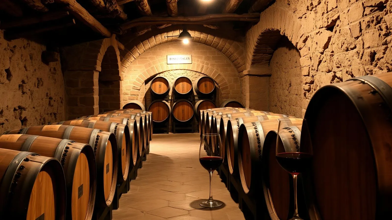 Weinkeller einer mallorquinischen Bodega bei Binissalem mit Eichenfässern und Rotwein im Glas