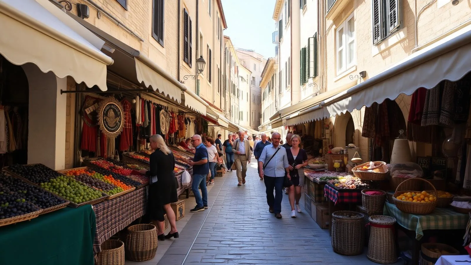 Wochenmarkt in einer mallorquinischen Altstadtgasse mit Ständen für Oliven, Obst, Körbe und Textilien