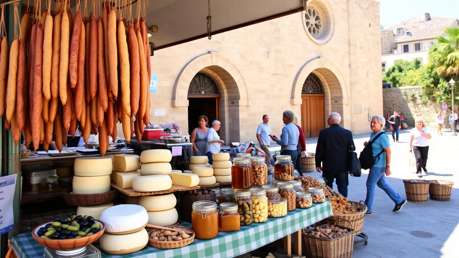Marktstand mit Käse, Wurst, Oliven und Mandeln auf einem mallorquinischen Wochenmarkt.